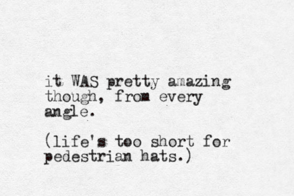 it WAS pretty amazing though, from every angle. (life's too short for pedestrian hats.)