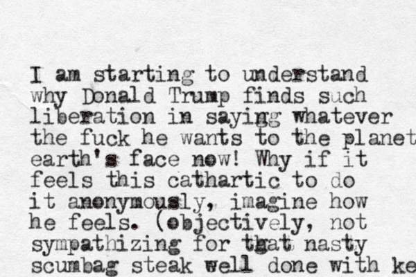 I am starting to understand why Donald Trump finds such liberation in sayig ng whatever the fuck he wants to the planet earth's face now! Why if it feels this cathartic to do it anonymously, imagine how he feels. (objectively, not sympathizing for tgat h nasty scumbag steak eell w done with kep 