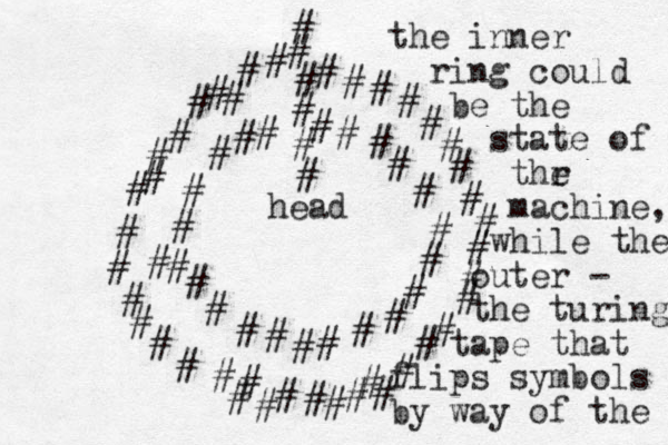 # # # # # # # # # # # # # # # # # # # # # # # # # # # # # # # # # # # # # # # # # # # # # # # # # # # # # # # # # # # # # # # # # # # # # the inner ring could be the state of thr e machine, while the outer - the turing tape that flips symbols by way of the head