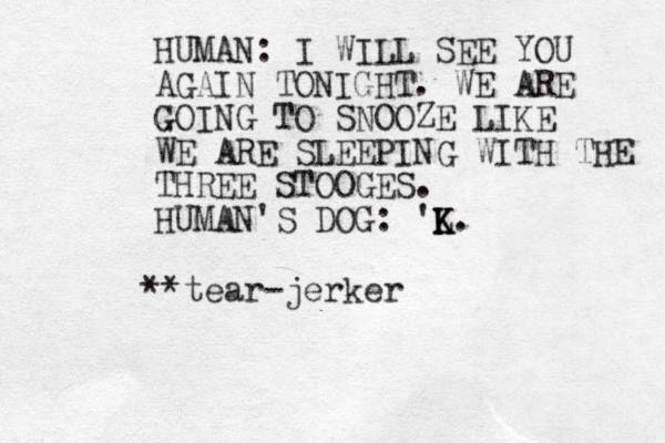 HUMAN: I WILL SEE YOU AGAIN TONIGHT. WE ARE GOING TO SNOOZE LIKE WE ARE SLEEPING WITH THE THREE STOOGES. HUMAN'S DOG: 'L K K K. **tear-jerker