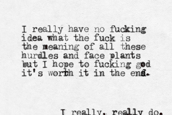 I really have no fucking idea what the fuck is the meaning of all these hurdles and face plants but I hope to fucking god it's worrh t it in the ens f d d. I really , really do. 