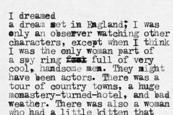 I dreamed a dream set in England; I was only an observer watching other characters, except when I think I was the only woman part of a spy ring fool ==== xxxx full of very cool, handsome men. They might have been actors. There was a tour of country towns, a huge monastery-turned-hotel, and bad weather. There was also a woman who had a little kitten that 