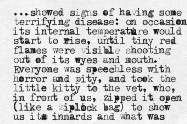 ...showed signs of having some terrifying disease: on occasion its internal temperati ure would u start to rise, until tiny red flames were visible shooting out of its wyes e and mouth. Everyone was speechless with horror and pity, and took the little kitty to the vet, who, in front of us, zipped it open (like a ziplick o o bag) to show us its in a n rds and what was 