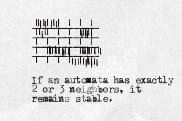 | | | | | | ____________ | | | | | | ____________ | | | | | | ____________ | | | | | | ____________ | | | | | | || | || || || || || || || || || | || |||| | ||| | ||| || | || | || || | | If an automata has exactly 2 or 3 neighbors, it remains stable.