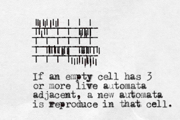 | | | | | | ____________ | | | | | | ____________ | | | | | | ____________ | | | | | | ____________ | | | | | | || | || || || || || || || || || | || |||| | ||| | ||| || | || | || || | | If an empty cell has 3 or more live automata adjacent, a new automata is reproduce in that cell. 