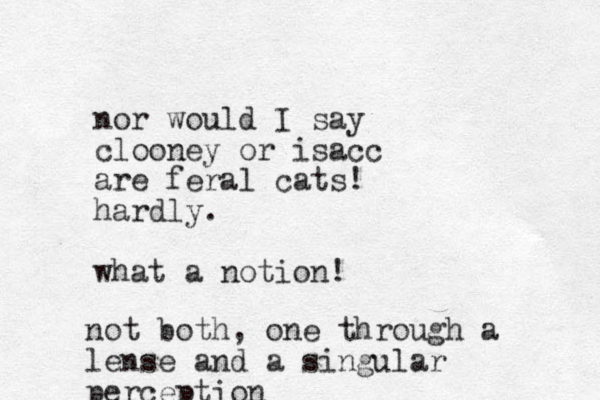 nor would I say clooney or isacc are feral cats! hardly. what a notion! not both, one through a lense and a singular perception