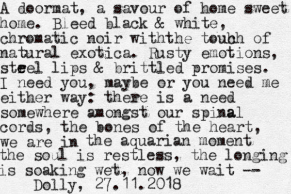A doormat, a savour of home sweet home. Bleed black & white, chromatic noir withthe touh ch of natural exotica. Rusty emotions, strel lips e e & brittled promises. I need you, maybe or you need me either way: there is a need somewhere amongst our spina al cords, the bones of the heart, we are in the aquarian moment the soul is restless, the longing is soaking wet , now we wait -- Dolly, 27.11.2018