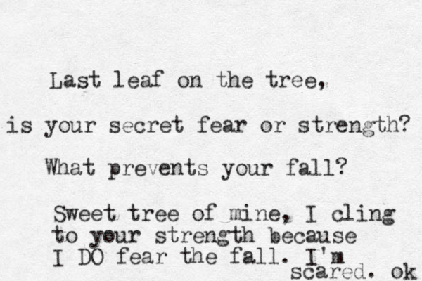 Last leaf on the tree, is your secret fear or strength? What prevents your fall? Sweet tree of mine, I cling to your strength because I DO fear the fall. I'm scared. ok 