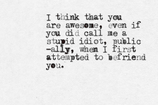 I think that you are awesome, even if you did call me a stupid idiot, public -ally, when I first attempted to befriend you.