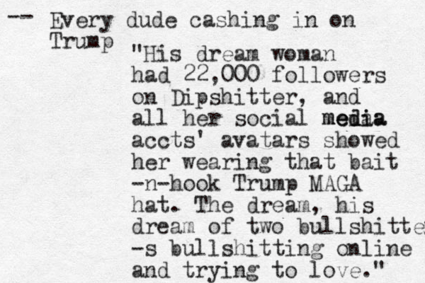 "His dream woman had 22,000 followers on Dipshitter, and all her social meia edia media accts' avatars showed her wearing that bait -n-hook Trump MAGA hat. The dream, his dream of two bullshitters -s bullshitting online and trying to love." Every dude cashing in on Trump -- 