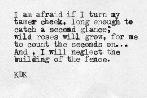 I am afraid if I turn my tamer cheek, long enough to catch a second glance; wild roses will grow, for me to count the seconds on... And , I will neglect the building of the fence. KDK