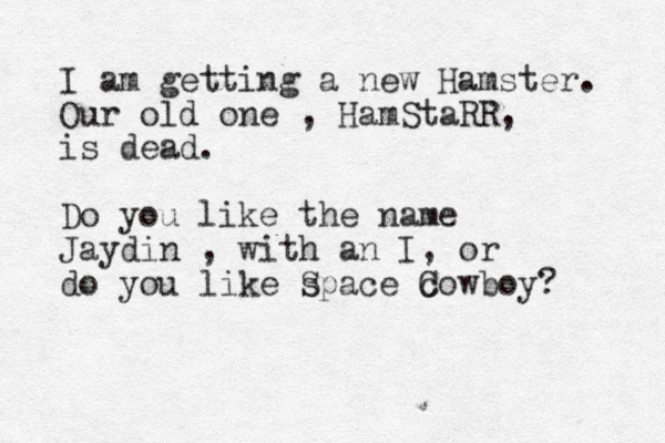 I am getting a new Hamster. Our old one , HamStaRR, is dead. Do you like the name Jaydin , with an I, or do you like space S c Cowboy? 