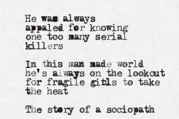 He was ale ways appaled for knowing one too many serial killers In this man made world he's always on the lookout for fragile git rls to take the heat The story of a sociopath 