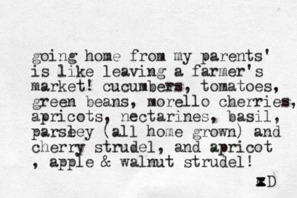 going home from my parents' is like leaving a farmer's market! cucumbers, tomatoes, green beans, morello cherries, apricots, nectarines, basil, parse ley (all home grown) and cherry strudel , and apricot , apple & walnut strudel! cD x x x 