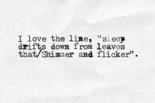 I love the line, "sleep drifts down from leaves that/Shimmer ans d d flicker". 