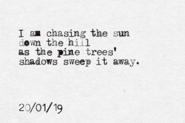 I am chasing the sun down the hill as the pine trees' shadows sweep it away. 20/01/19
