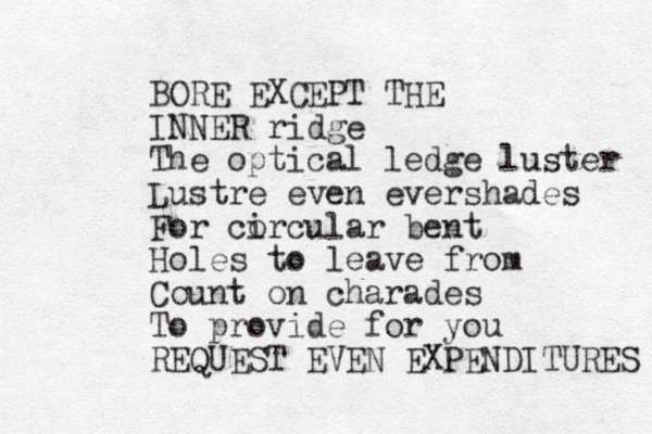 BORE EXCEPT THE INNER ridge The optical ledge luster Lustre even evershades For corcular i bent Holes to leave from Count on charades To provide for you REQUEST EVEN EXPENDITURES 