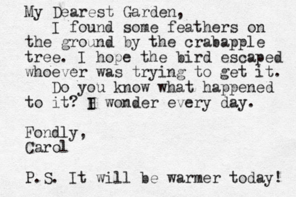 My Dearest Garden, I found some feathers on the ground by the crabapple tree. I hope the bird escaped whoever was trying to get it. Do you know what happened to it? H I I wonder every day. Fondly, Carol P.S. It will be warmer today! 