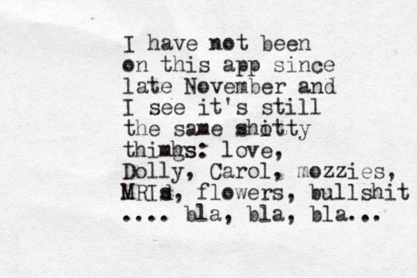 I have not been on this app since late November and I see it's still the same shotty i thimhs gs: love, Dolly, Carol, mozzies, MRId s, flowers, bullshit .... bla, bla, bla... 
