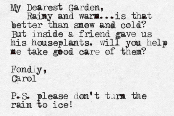 My Dearest Garden, Rainy and warm...is that better than snow and cold? But inside a friend gave us his houseplants. will you help me take good care of them? Fondly, Carol P.S. please don't turn the rain to ice!