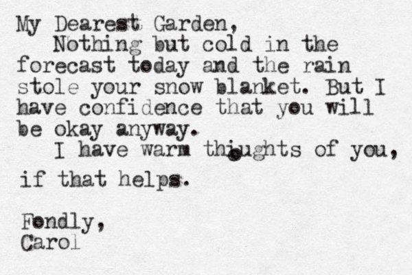 My Dearest Garden, Nothing but cold in the forecast today and the rain stole your snow blanket. But I have confidence that you will be okay anyway. I have warm thiughts of you, o o if that helps. Fondly, Carol 