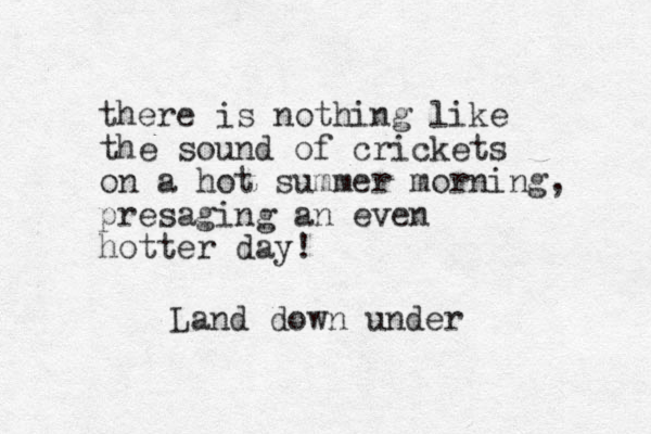 there is nothing like the sound of crickets on a hot summer morning, presaging an even hotter day! Land down under 