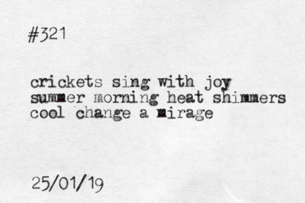 #321 crickets sing with joy summer morning heat shimmers cool change a mirage 25/01/19