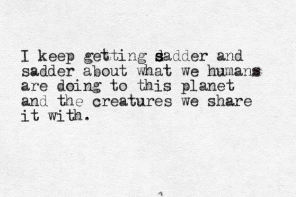 I keep getting d s sadder and sadder about what we humans are doing to this planet and the creatures we share it with.
