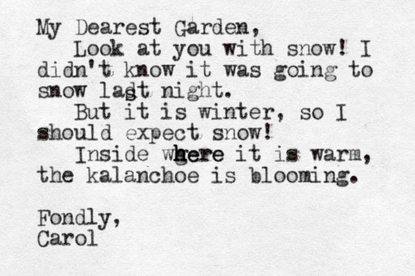 My Dearest Garden, Look at you with snow! I didn't know it was going to snow ladt night. But it is winter, so I should expect snow! Inside wg h here h here it is warm, the kalanchoe is blooming. Fondly, Carol s s 