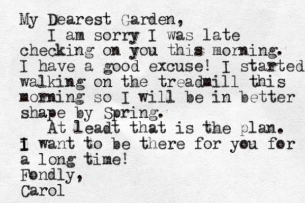 My Dearest Garden, I am sorry I was late checking on you this morning. I have a good excuse! I started walking on the treadmill this morning so I will be in better shape by Spring. At leadt that is the plan. i I I want to be there for you for a long time! Fondly, Carol