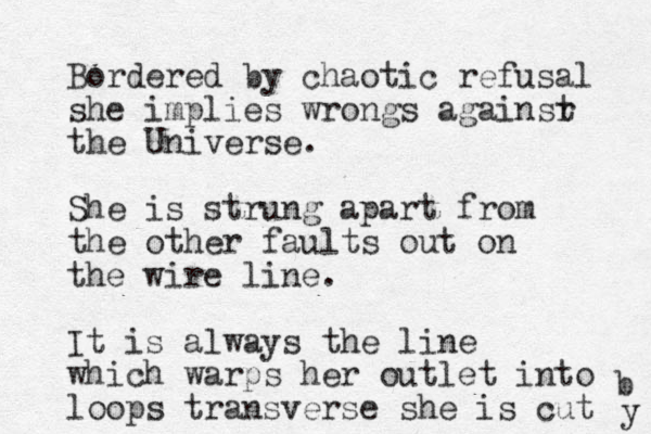 Bordered by chaotic refusal she implies wrongs againsr t the Universe. She is strung apart from the other faults out on the wire line. It is always the line which warps her outlet into loops transverse she is cut b y 