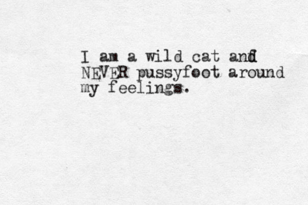 I am a wild cat anf d d NEVER pussyfoot around my feelings.