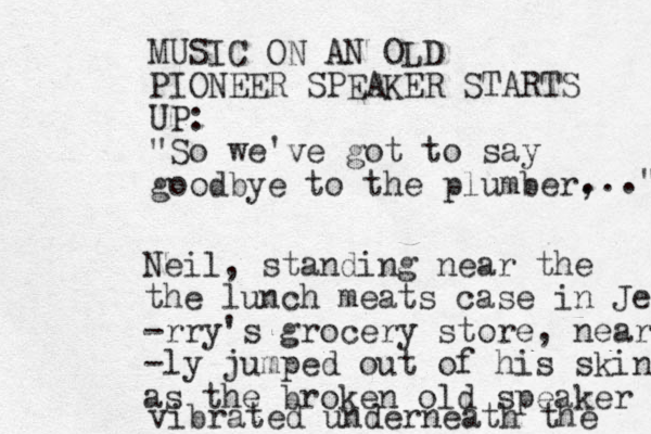 MUSIC ON AN OLD PIONEER SPEAKER STARTS UP: "So we've got to say goodbye to the plumber, ..." Neil , standing near the the lunch meats case in Jer -rry's grocery store, near -ly jumped out of his skin as the broken old speaker vibrated underneath the 