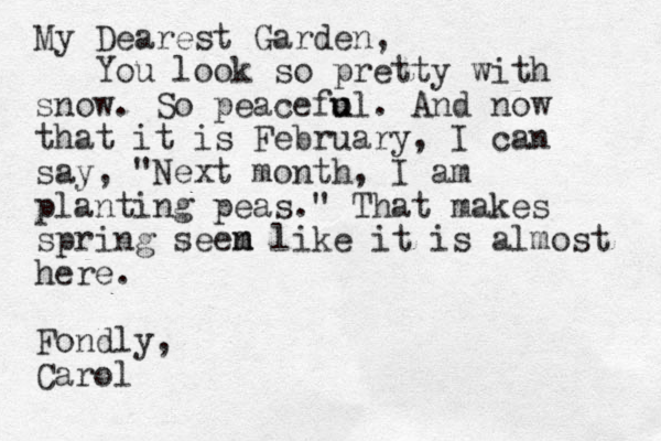 My Dearest Garden, You look so pretty with snow. So peacefo u ul. And now that it is February, I can say, "Next month, I am plantin g peas." That makes spring seen m m like it is almost here. Fondly, Carol