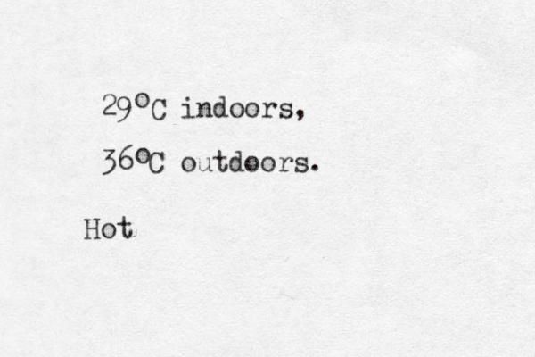 29 C indoors, 36 C outdoors. o o Hot