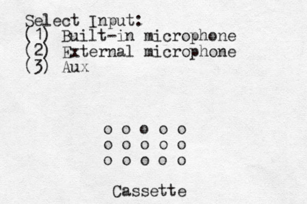 o o o o o o o o o o o o o o o Cassette Select Input: (1) Built-in microphone (2) External microphone (3) Aux