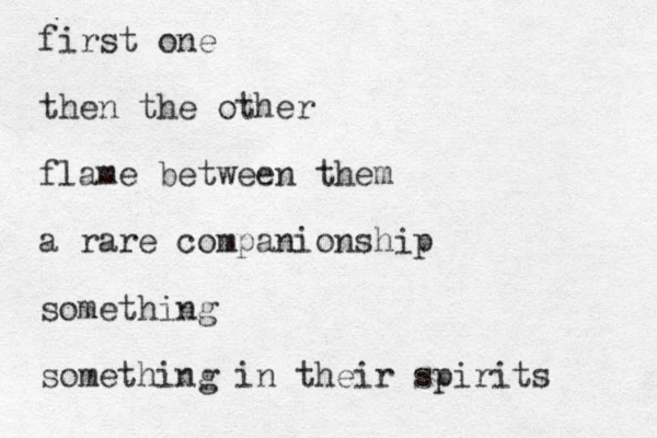 first one then the other flame between them a rare companionship something something in their spirits 