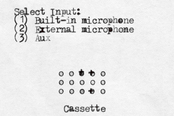 o o o o o o o o o o o o o o o Cassette Select Input: (1) Built-in microphone (2) External microphone (3) Aux + + + 