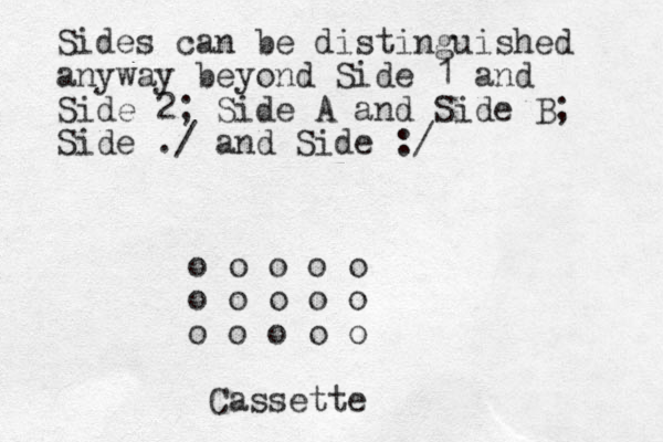 o o o o o o o o o o o o o o o Cassette Sides can be distinguished anyway beyond Side 1 and Side 2; Side A and Side B; Side ./ and Side :/