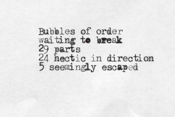 Bubbles of order waiting to break 29 parts 24 hectic in direction 5 seemingly escaped 