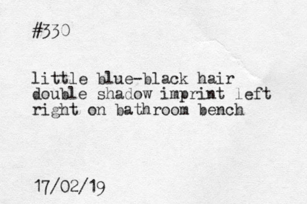 #330 little blue-black hair double shadow imprint left right on bathroom bench 17/02/19