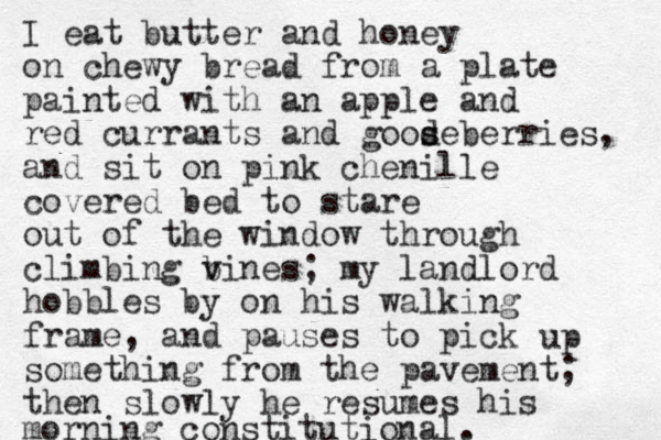 I eat butter and honey on chewy bread from a plate painted with an apple and red currants and goode s s s berries, and sit on pink chenille covered bed to stare out of the window through climbing bines v v ; my landlord hobbles by on his walking frame, and pauses to pick something from the pavement; the n slowly he resumes his morning constitutional. up 