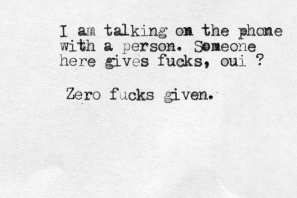 I am talking on the phone with a person. Someone here gives fucks, oui ? Zero fucks given.