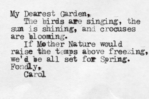 My Dearest Garden, The birds are singing, the sun is shining, and crocuses are blooming. If Mother Nature would raise the temps above freezing, we'd be all set for Spring. Fondly, Carol