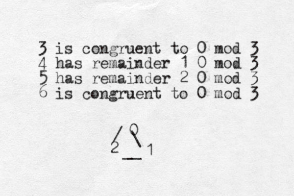3 is congruent to 0 mod 3 4 has remainder 1 0 mod 3 5 has remainder 2 0 mod 3 6 is congruent to 0 mod 3 0 1 2 / \ __ 