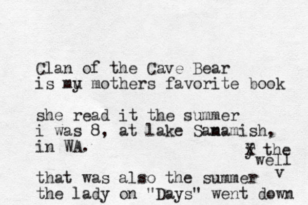 Clan of the Cave Bear is mu y mothers favorite book she read it the summer i was 8, at lake San m mamish, in WA. that was also the summer the lady on "Days" went down v y T X the well 