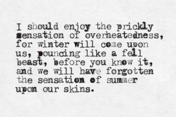 I should enjoy the prickly sensation of overheatedness, for winter will come upon us, pouncing like a fell beast, before you know it, and we will have forgotten the sensation of summer upon our skins.