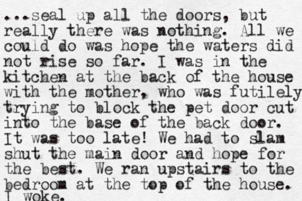 ...seal up all the doors, ut b really there was nothing. All we could do was hope the waters did not rise so far. I was in the kitchen at the back of the house with the mother, who was futilely trying to block the pet door cut into the base of the back door. It was too late! We had to slam shut the main door and hope for the best. We ran upstairs to the bedroom at the top of the house. I woke.