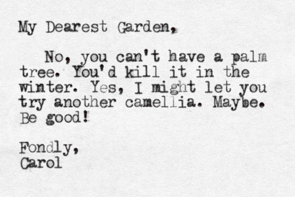 My Dearest Garden, No, you can't have a palm tree. You'd kill it in the winter. Yes, I might let you try another camellia. Maybe. Be good! Fondly, Carol
