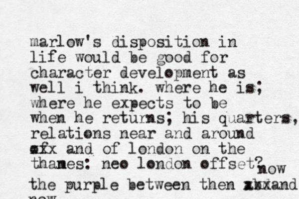 marlow's disposition in life would be good for character development as well i think. where he is; where he expects to be when he returns; his quarters, relations near and around of xxx and of london on the thanes m : neo london offset? the purple between then abd xxxand now now 